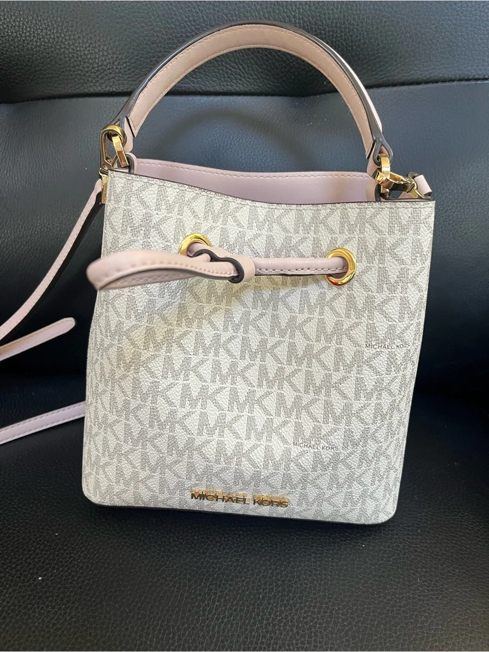 Michael Kors Pale Pink and Signature Monogram Bucket Shoulder Bag